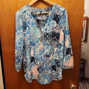 NYDJ Pintuck Blouse Pink, Blue, White Abstract Print